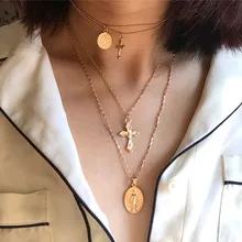 

Charms Coins Statement Choker Trendy Multi Layered Chain Gold Silver Jesus Big Cross Pendant Necklace women Jewelry collares