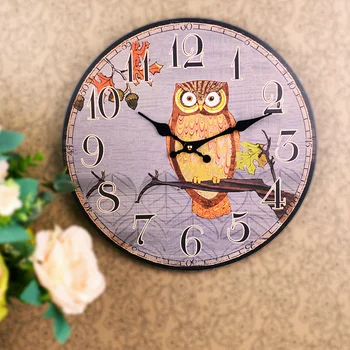 

Owls pattern Wood Mute Wall Clock Round Colorful Vintage Rustic Decorative Antique Wooden Home Clocks