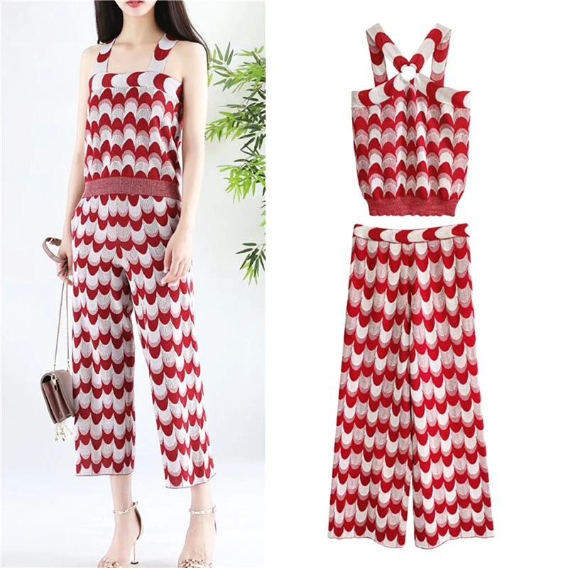 

Fashion Sexy Sleeveless Spaghetti Strap Knitted Short Vests Tops And Elastic Waist Knitted Pants 2 Piece Set Women Clothes SL463