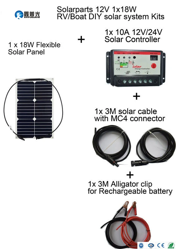 

Xinpuguang Solar Panel 18W 12V Basic Kits Quality Flexible DIY Solar System 10A Red Controller 3m MC4 Alligator Clip Cables RV
