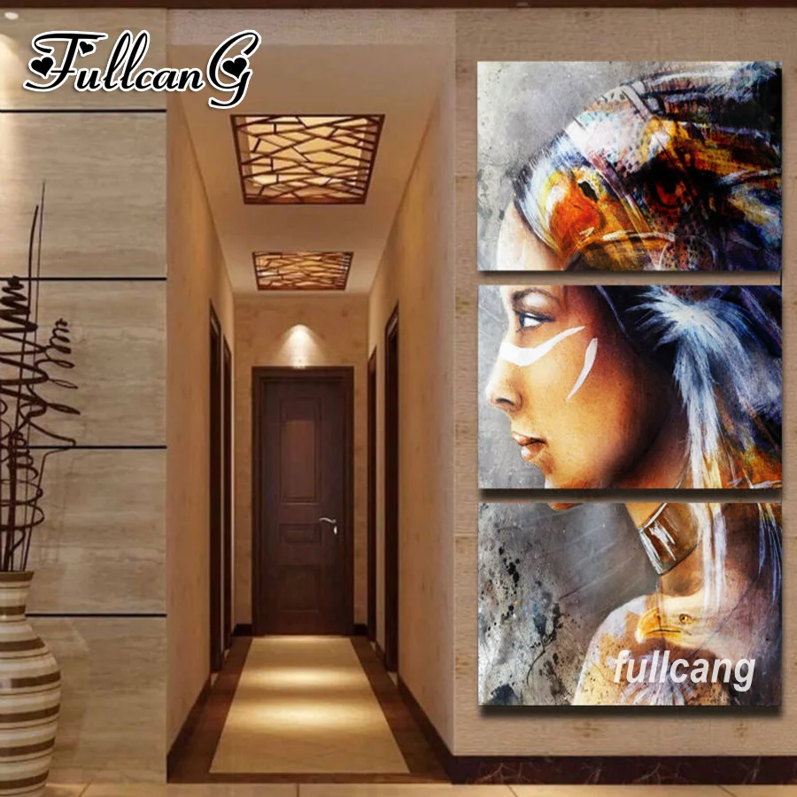 

FULLCANG Full Square Diamond Embroidery Native American Indian Woman Diy 5D Diamond Painting Cross Stitch Triptych Mosaic D948