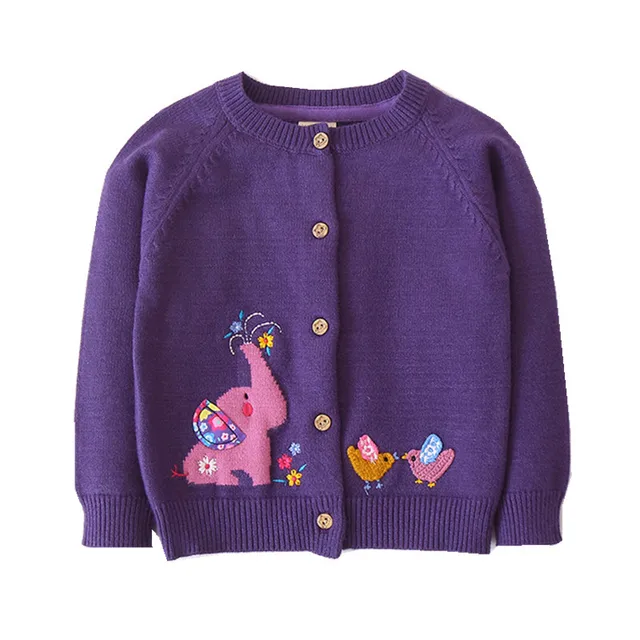 Spring autumn elephant bird jacquard girls purple cardigan kids