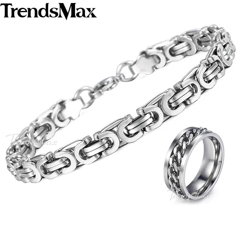 Золотой серебряный браслет, кольцо, ювелирный набор для мужчин, нержавеющая сталь, Византийский браслет-цепочка, мужской свадебный набор колец KB258 KR144 - Окраска металла: Silver KB256 KR143