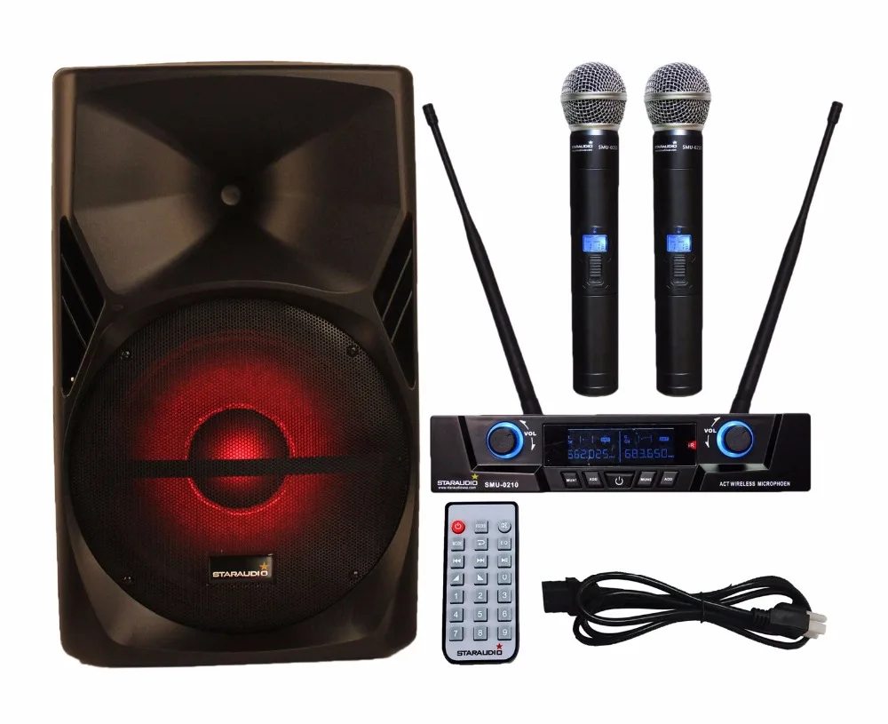 

STARAUDIO SPS-15RGB PA 15" 3500W DJ Stage 2-way Powered Active MP3 SD FM RGB Light Speaker W/ Stand 2CH UHF Microphone