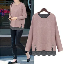 Осень сплошной цвет ложный Двухсекционный пэчворк оверсайз круглый вырез все совпадающие с длинным рукавом модные топы Женская одежда