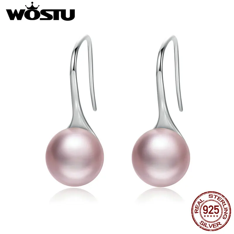 

WOSTU 100% Real 925 Sterling Silver Trendy Elegant Pink Simulated Pearl Drop Earrings For Women Jewelry Dropshiping BKE145