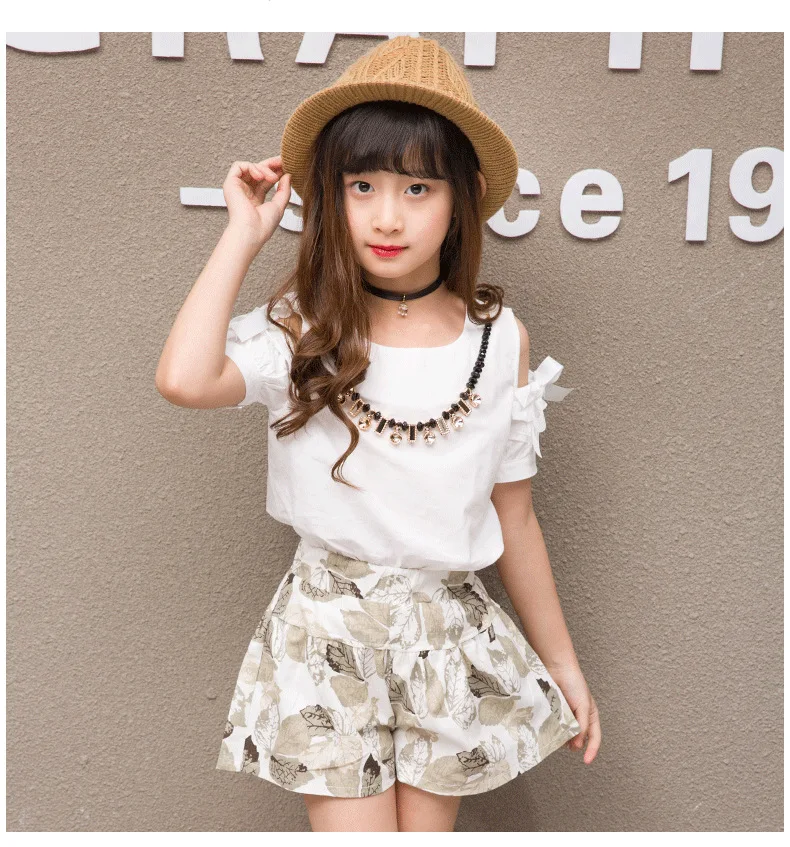 2019 Summer Girls Clothing For Teenage Short Sleeve Shirt Print Shorts Cotton Linen Kids Clothes Sets Fashion 2Pcs Children Suit (11)