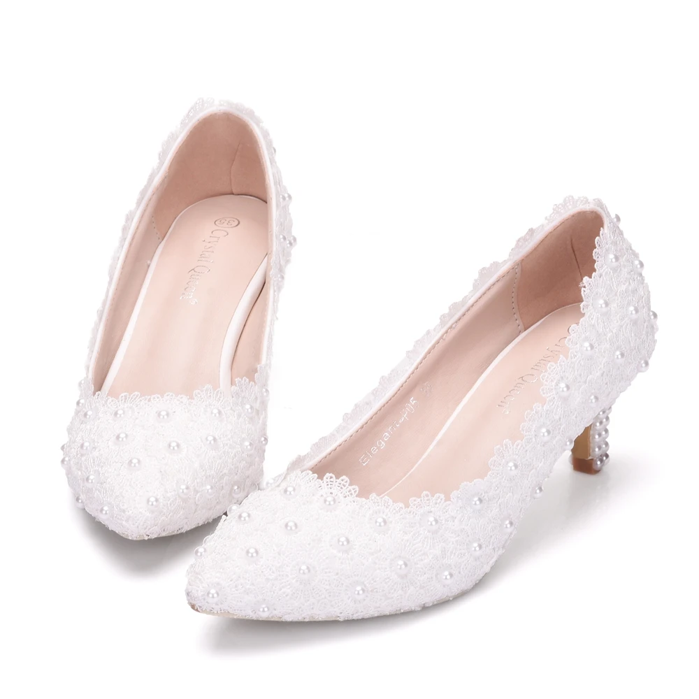 Белые кружевные свадебные туфли со стразами; Туфли на толстом каблуке 5 см; белые кружевные туфли-лодочки; туфли принцессы на каблуке для вечеринки и дня рождения