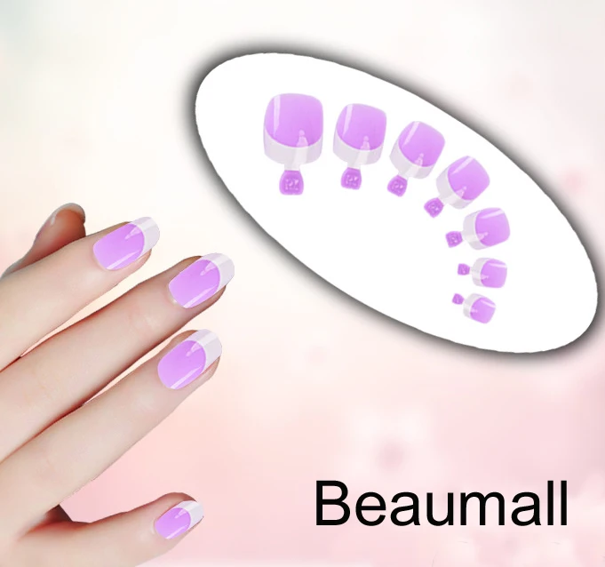 

12pcs/set With 2g Glue Short Pre-Design Purple Color Full Cover False Acrylic Nails With French Tips#FN12-12
