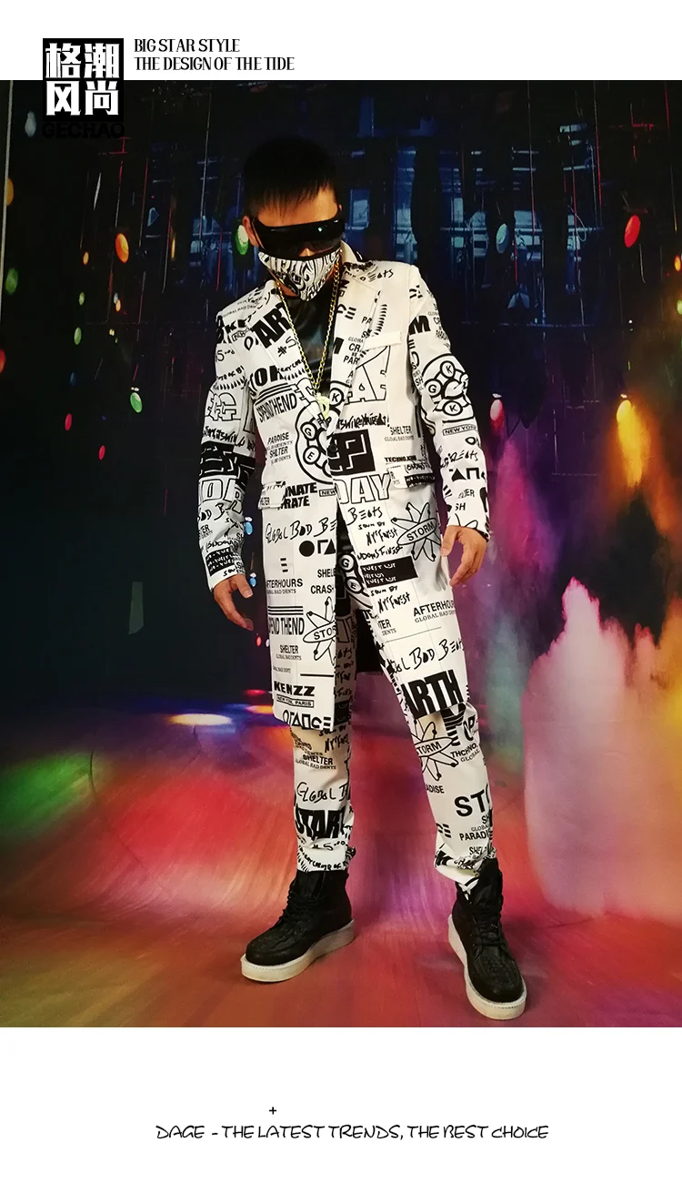 M-6XL! черный и белый буквы граффити хип-хоп Средний длинный костюм для певцов в ночном клубе DJDS костюм парикмахер прилив костюм