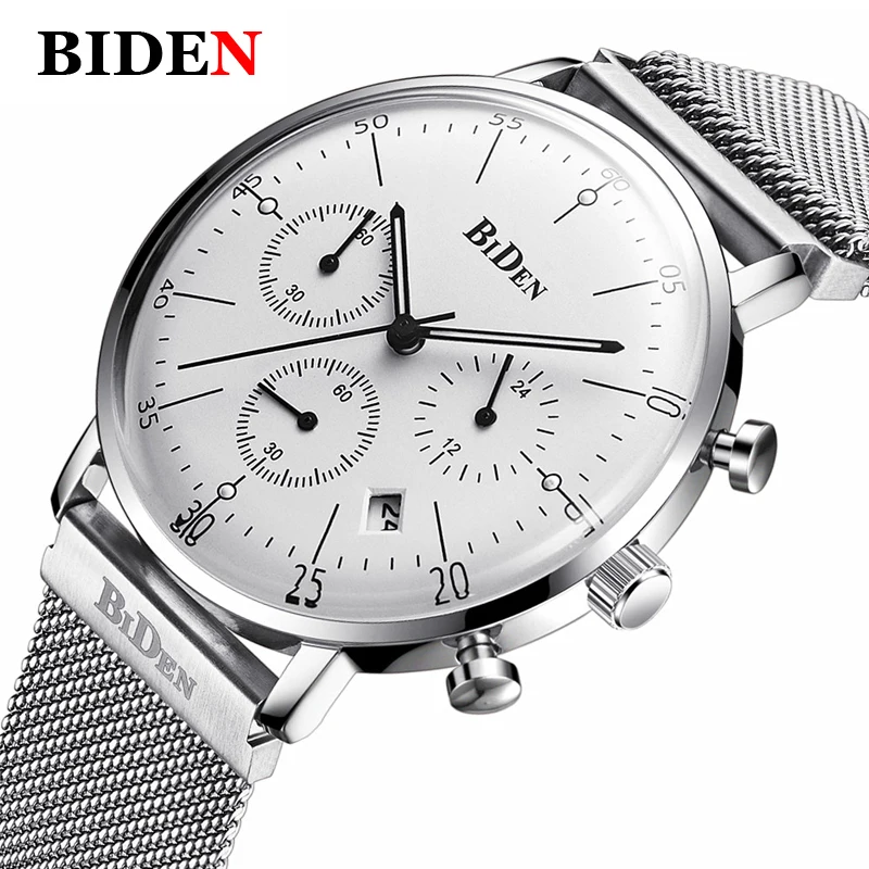 

BIDEN Brand Watches Men Stainless Steel Milanese Loop Length Adjustable Strap Date Multi-function Sports Watch Relogio Masculino