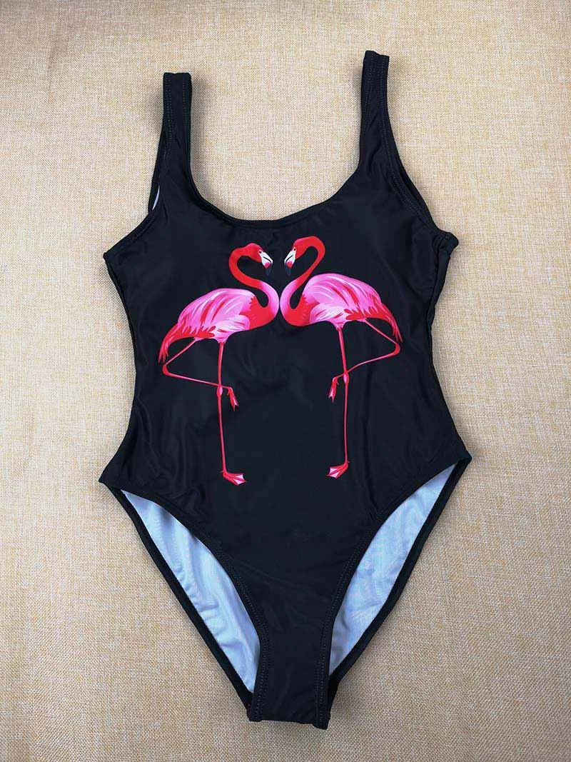 

2019 Flamingos Print One Piece Swimsuit Women Sexy Swimwear Female High Waist Solid Color Deep V Summer Swim Suit Monokini
