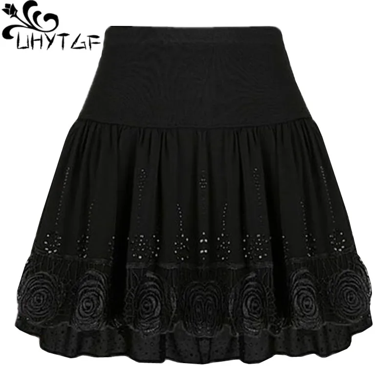 

UHYTGF Spring autumn short skirt women elastic waist high waist pleated tutu fashion woman Hollow Diamond Black short skirts 529