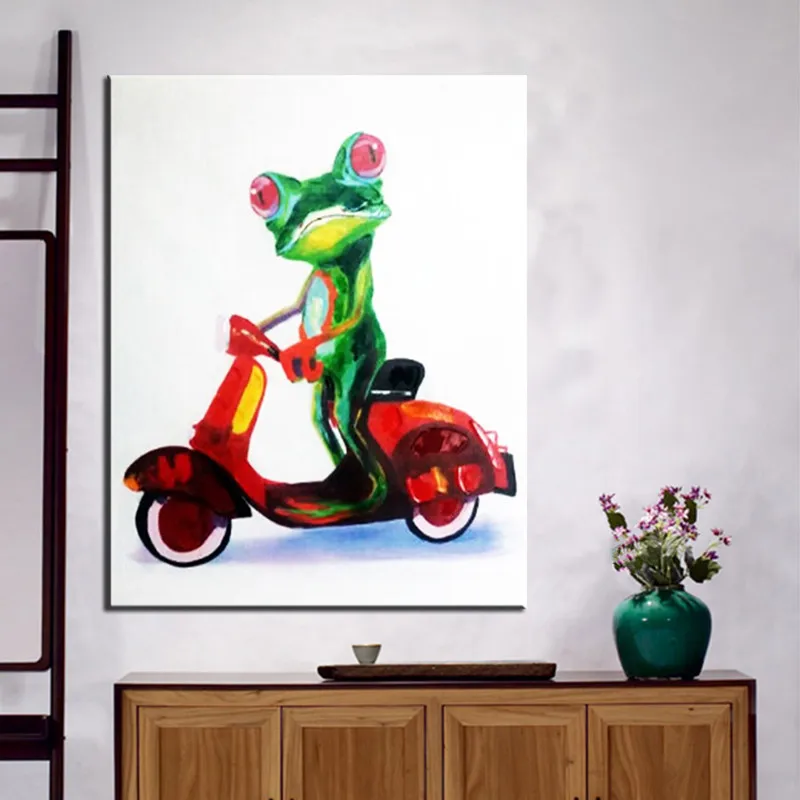 

Large Funny Ride Frog Animal Pictures Painting Hand Painted Abstract Cartoon Oil Paintings on Canvas Modern Home Decor Wall Art
