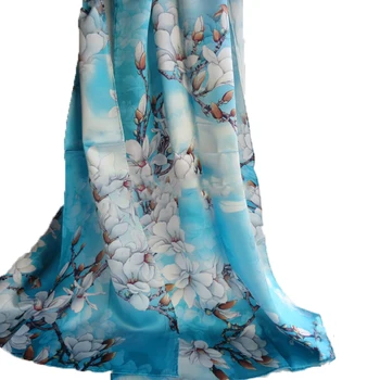 

Elegance Shawl Women's 100% Pure Silk Scarf Digital Inkjet Printing hand roll-hemmed Magnolia Flower Capes Blue White