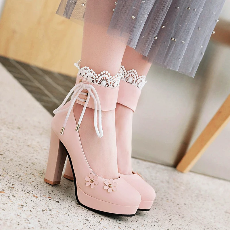 Rimocy plus size 43 lace ankle strap pink leather princess shoes woman 2019 lovely thick square super high heels platform pumps