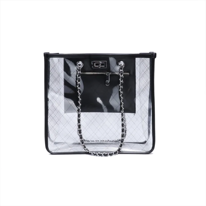 

New Fashion Women Transparent PU Handbag Luxury Chain Summer Beach Jelly Bags Handbags Ladies Composite Tote