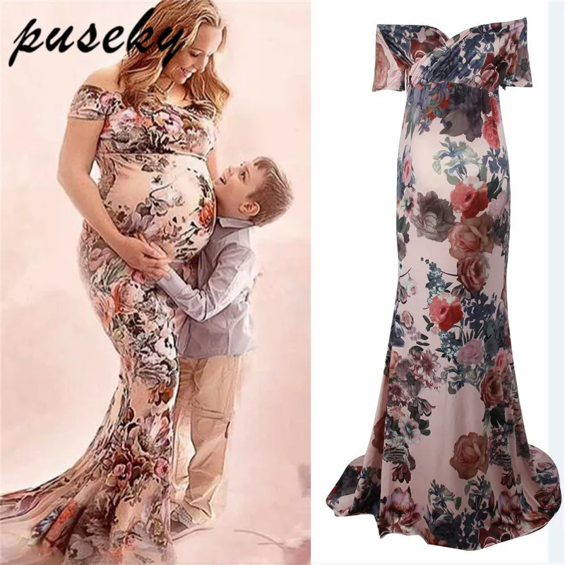 

Puseky 2018 New Summer Women Floral Pregnants Dress Sexy Photography Props Dresse Long Maxi Off Shoulders V Neck Maternity Gown