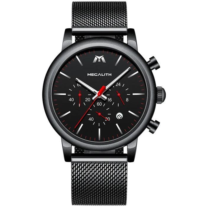 MEGALITH спортивные часы с хронографом, мужские водонепроницаемые часы со стальным сетчатым ремешком, аналоговые кварцевые наручные часы, мужские часы в подарок - Цвет: mesh black