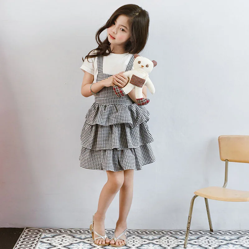 

layered girl dress summer kids clothes cute white black plaid cotton sleeveless girls sundress dress school children clothing
