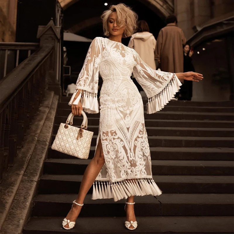 

Elegant White Lace Dress Wholesale New Autumn Long Sleeve Bodycon Midi Tassel Celebrity Evening Party Dresses Wedding Vestidos