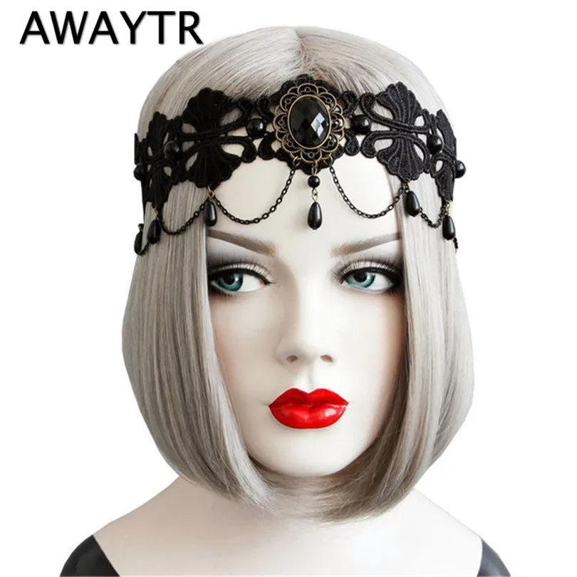 

AWAYTR Elegant Women Crown Headband Bridal Wedding Flower Lace Criss Cross Pearl Drop Headbands Headpiece Elastic Hairband