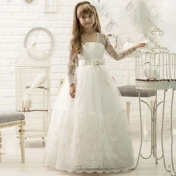 

Ball Gown White/Ivory Flower Girl Dresses Long Sleeves Appliques First Communion Gowns For Junior Pageant Vestidos Longo