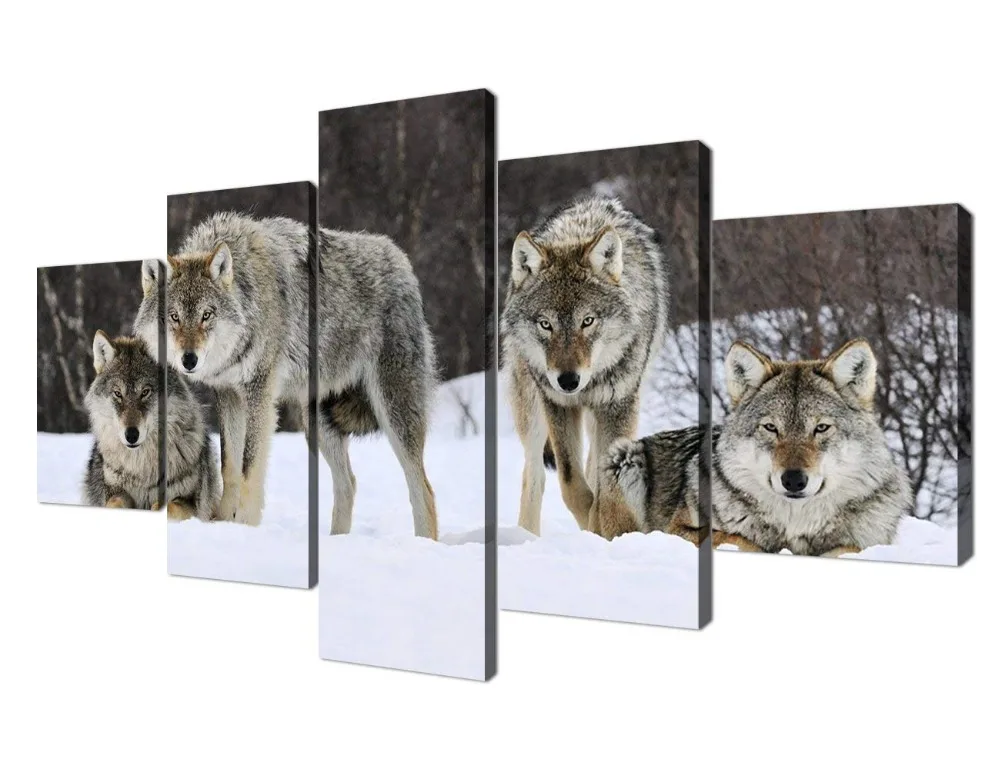 Large Modern Painting 5 Panels Wall Art Prints Four Wolves In the Snow Artwork On Canvas for Living room Posters Home Decor Stretched and Framed Ready to Hang for Wall Decorations (60x32inch)