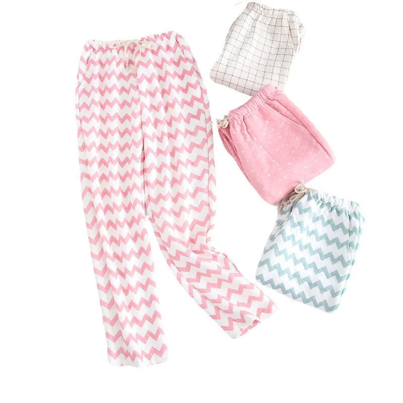 

2019 Spring Women's Snowflake Printed Ripple Thickened Cotton Home Pants Ladies Sleep Bottom Straight Trousers With Drawstring
