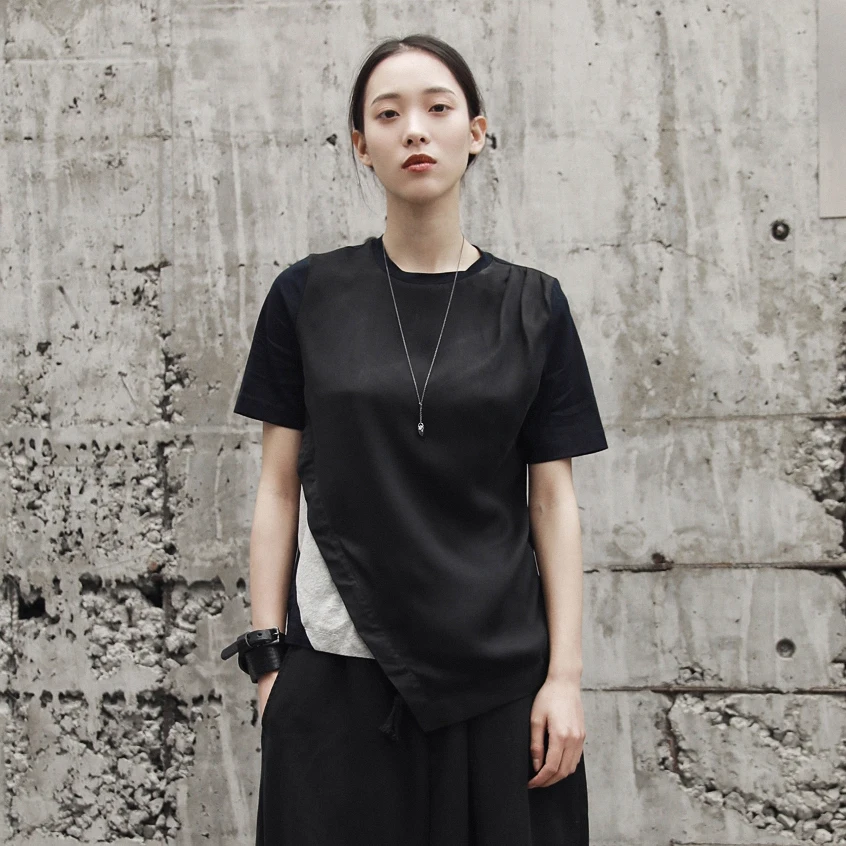 [EAM] 2019New Spring Summer O-collar Short Sleeve Dark Blue Back Striped Stitch Irreguar Drawstring Hem T-shirt Women JF260