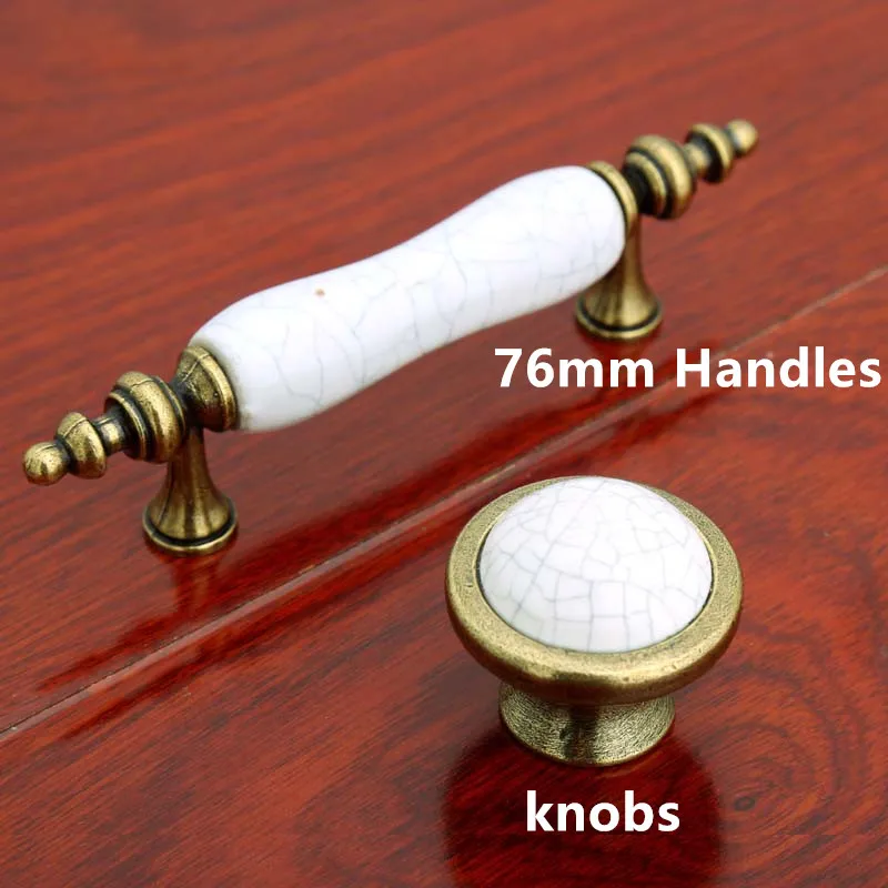 76mm Ceramic Dresser Drawer Pull Handle Knob White Crackle Antique Brass Kitchen Cabinet Handle Pull 3 Bronze Furniture Handle white ceramic cabinet knob sunflower dresser drawer pull handle closet knob dia 28mm