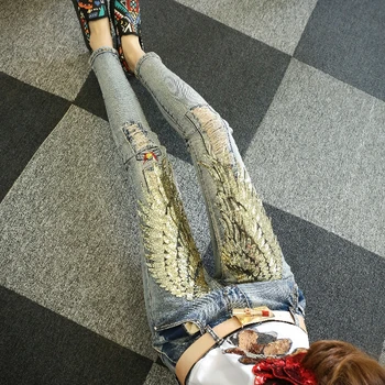 

2019 Spring Fall Women Jeans Ladies Fashions Sequins Wings Light Blue Denim Pants Students Winter Plus Velvet Trousers Outfits