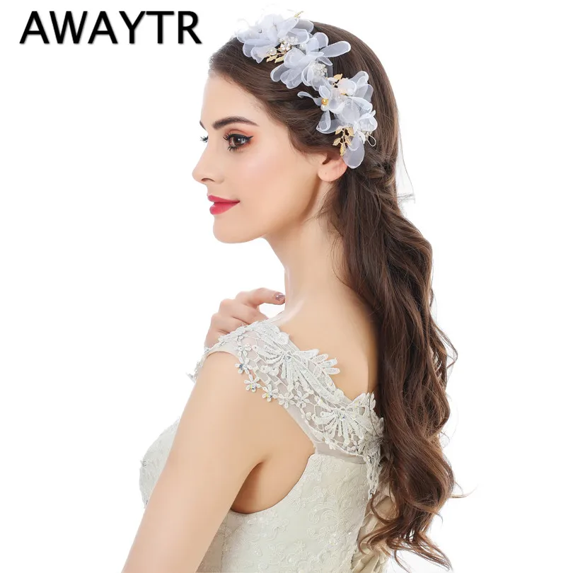 AWAYTR, корейский Шелковый цветок, свадебные аксессуары для волос, ручная работа, роскошный жемчуг для невесты, белый розовый головной убор, украшение для волос