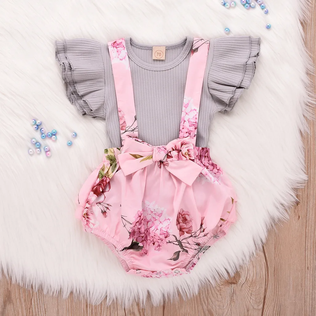 

Perimedes Newborn Baby Girl Summer Clothes Toddler Infant Baby Girl Sleeveless Ruffle Tops Overall Floral Short Clothes Set