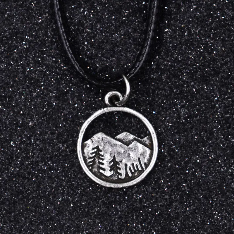 

SanLan Antique Silver Mountain Forest Pattern Hollow Round Style Charms Pendant Leather Cord Necklace Climber Club Gift Jewelry