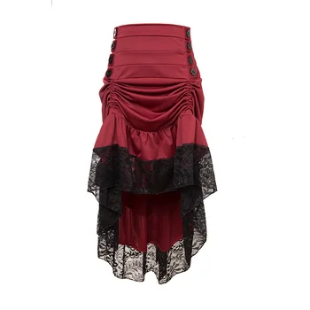 

4XL Gothic Asymmetrical Skirt Vintage Burgundy Lace Ruffles Patchwork Button Spring Women Party Prom Retro Goth Casual Skirt