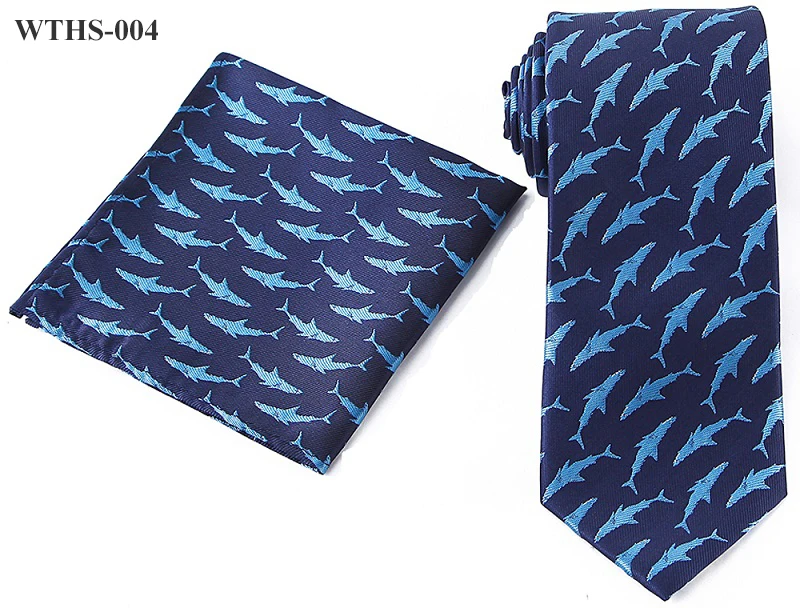 Tailor Smith Necktie and Hankerchief Set Dot Animal Wolf Shark Floral Tie Set 7.5CM Microfiber Woven Suit Tie with Pocket Square