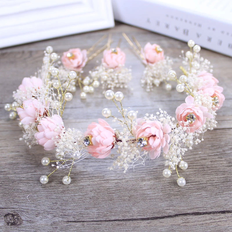 

Fashion Pink Headbands Flower Girl Hairbands Baby Flower Hair Accessories Rhinestone Bridal Headpiece Wedding Hair Accessories