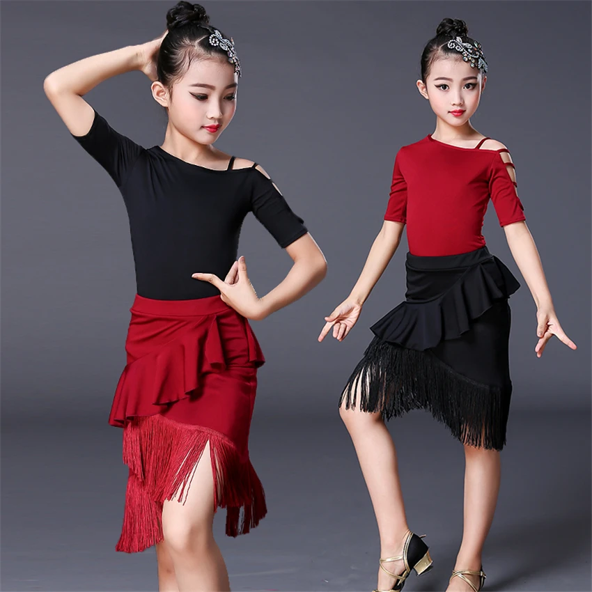 

Latin Dance Dress Kids Dresses for Girls Ballroom Flamenco Short Sleeve Tassel Competition Practice Wear Top Skirt Set 110-160CM