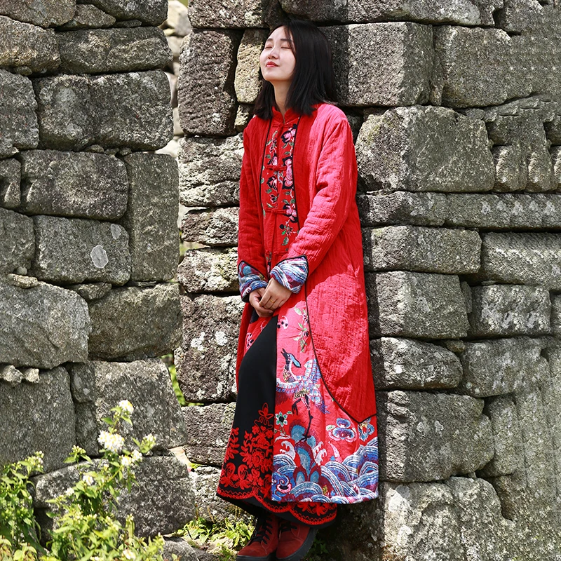 LZJN зимнее женское пальто, теплая длинная куртка с цветочным принтом Феникса, винтажное китайское длинное пальто, женское Красное флисовое пальто