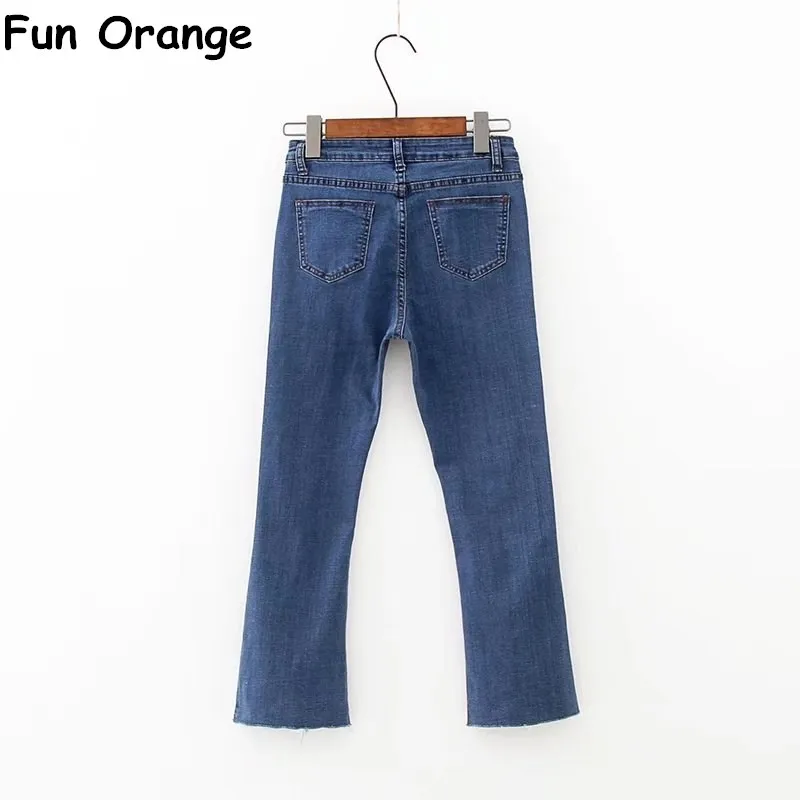 Весело оранжевый Для женщин Разделение Front Denim Flare Джинсы для с жемчугом модные