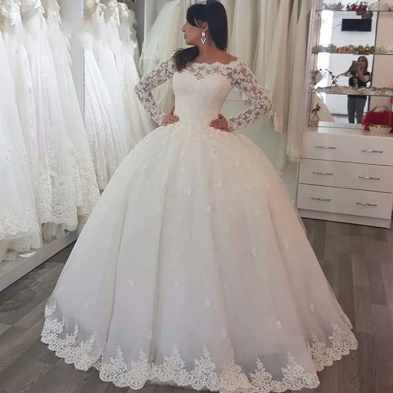 

Romantic Long Sleeves Puffy Wedding Dresses 2019 Ball Gowns White Lace Appliques Princess Bride Dress Vestido de Casamento