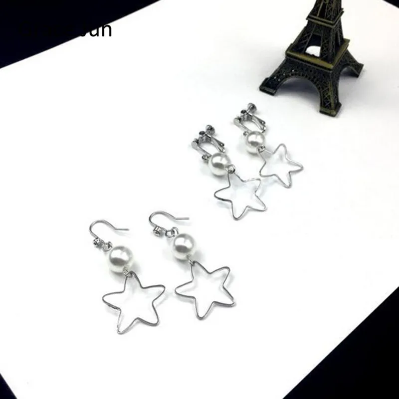 

Grace Jun Korea Style Fashion Simulated Pearl Five-pointed Star Clip on Earrings No Pierced for Women Long Pierced Earrings New