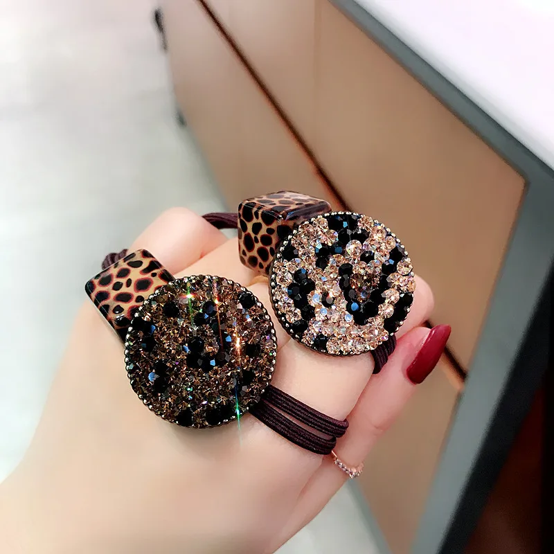 Корейские эластичные резинки для волос с леопардовым принтом, цветами и кристаллами, аксессуары для волос с бриллиантами, банты для волос, резинка для волос, кольцо для волос, резинка для женщин