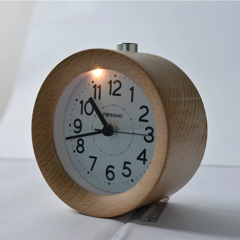  FiBiSonic Mute Sweep Movement Snooze Small Round Classic Wood Alarm Clock Silent Desk Alarm Clock W