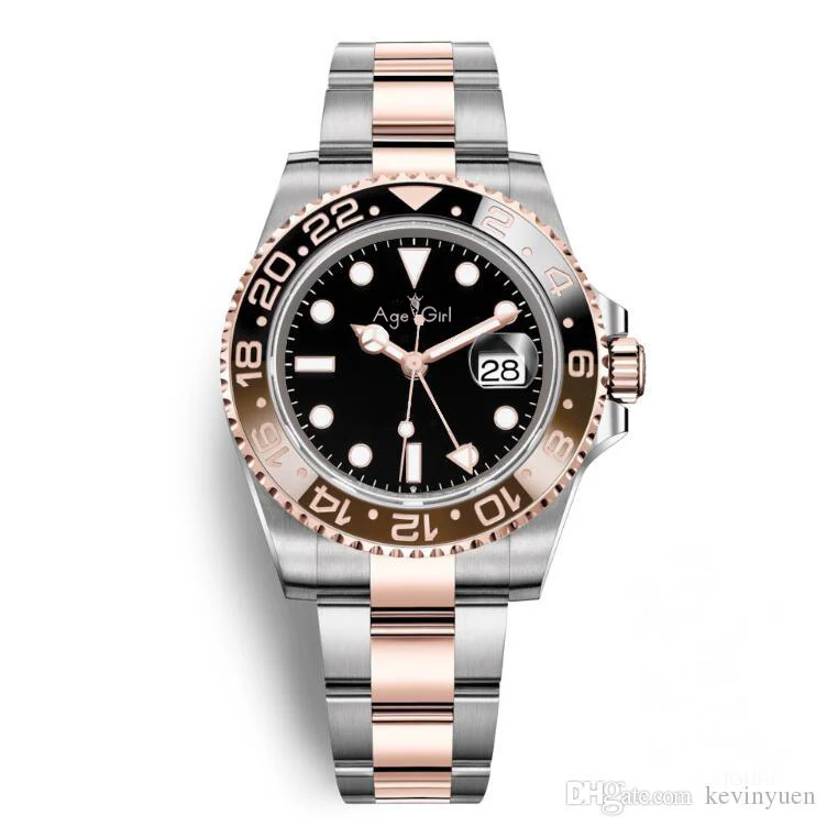 

Luxury Brand New Men Automatic Mechanical Rose Gold Silver Black Ceramic Bezel GMT Stainless Steel Sapphire Luminous Watch AAA+