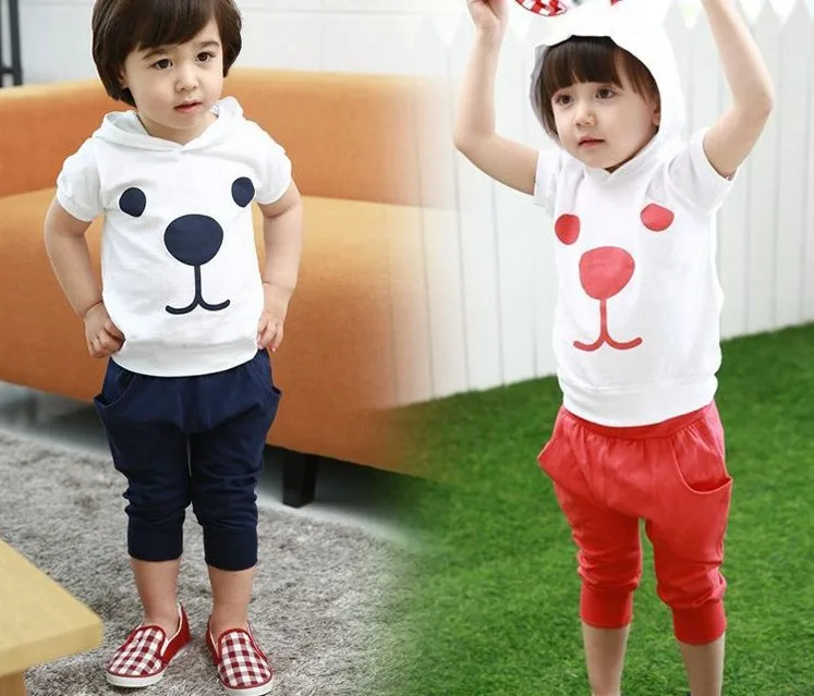 Summer children clothing Little Bear modelling pattern Short sleeve T shirt+7minute pants 2pcs baby set 10sets/lot Free shipping | Детская