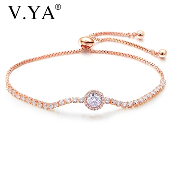 

V.YA Simple Round Crystal Bracelet For Women Rose Gold Circle Bangles Adjustable Zircon Bracelet For Female Jewelry Gift
