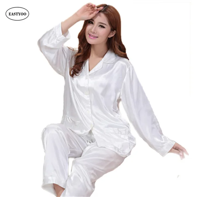 White Pajamas Women Silk Pajama Sets Long Sleeve Sleepwear Chinese Silk