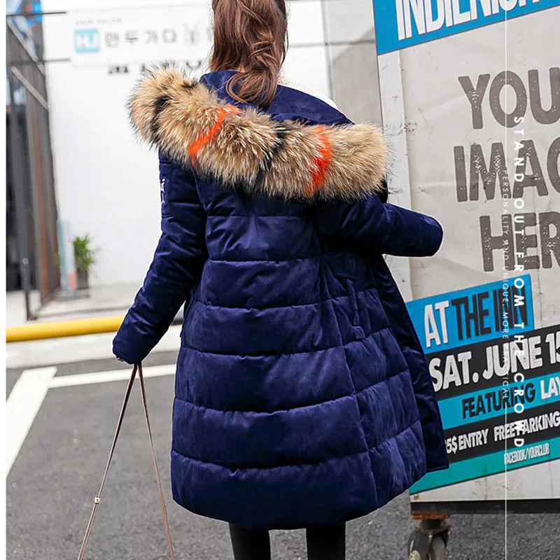 Mode D'hiver Outwear Snowear Veste Fourrure Suede noir Capuche Mince Long 2018 Femelle Nouveau Down Manteau Chaud Coloré gris marron Épais Grand rose Beige Parkas navy Femmes wZFqHvv